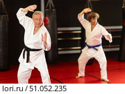 Sensei demonstrating kata with student on tatami. Стоковое фото, фотограф Яков Филимонов / Фотобанк Лори