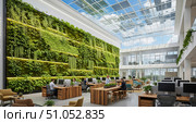 Modern green office with large living wall, biophilic design for sustainable workplace with people working under a glass roof with skylight. Стоковое AI-изображение, AI-художник Павел Муравьев / Фотобанк Лори