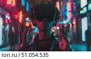 Young african american man explores a city at night while wearing a virtual reality headset, experiencing a digital world in the urban landscape. Стоковое AI-видео, аниматор Данила Большаков / Фотобанк Лори