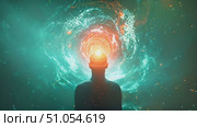 Man stands in front of a swirling vortex of light, mesmerized by the intense luminescence. The scene is both eerie and captivating as the light pulsates and dances around him. Стоковое AI-видео, аниматор Данила Большаков / Фотобанк Лори