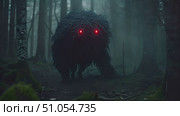 Menacing monster, with glowing red eyes, stalks through a dense forest, its monstrous form contrasting starkly with the natural surroundings. Стоковое AI-видео, аниматор Данила Большаков / Фотобанк Лори