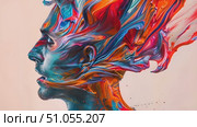 Vibrant paints pour and blend on canvas, forming a striking silhouette of a face in profile. Стоковое AI-видео, аниматор Данила Большаков / Фотобанк Лори