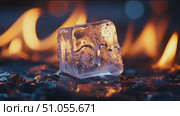 Ice cube melting amidst vibrant flames, showcasing the contrast of heat and cold in a captivating outdoor environment. Стоковое AI-видео, аниматор Сергей Толмачёв / Фотобанк Лори
