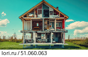 deconstruction disassembling suburban house ai generated. Стоковое AI-изображение, AI-художник Vectorwin / Фотобанк Лори