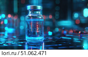 phosphorescence glowing effect on vaccine vial ai generated. Стоковое AI-изображение, AI-художник Vectorwin / Фотобанк Лори