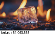 Ice cube melting on hot surface creates captivating steam and light effects in vibrant colors. Стоковое AI-видео, аниматор Сергей Толмачёв / Фотобанк Лори