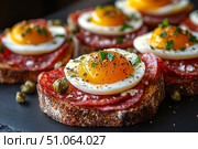 Tasty Open-Faced Sandwiches With Soft-Boiled Eggs for the Perfect Brunch Experience. Стоковое AI-изображение, AI-художник Юлия Гапеенко / Фотобанк Лори