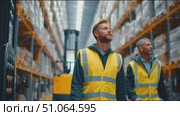 Men in safety vests inspecting warehouse shelves for inventory during daytime operations. Стоковое AI-видео, аниматор Сергей Толмачёв / Фотобанк Лори