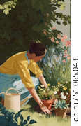 Gardening enthusiast tending to flowers in a lush backyard during a sunny afternoon. Стоковое AI-видео, аниматор Сергей Толмачёв / Фотобанк Лори