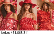 Model in vibrant red, florally adorned outfit poses confidently during a spring fashion collection studio shoot. Стоковое AI-видео, аниматор Данила Большаков / Фотобанк Лори