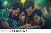 Four close friends share a comforting group hug amidst the warm glow of city lights at dusk. Стоковое AI-видео, аниматор Данила Большаков / Фотобанк Лори