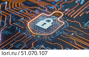 A padlock is placed on a computer circuit, showing the integration of physical security measures with digital technology. Стоковое AI-видео, аниматор Данила Большаков / Фотобанк Лори
