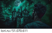 A man stands before a creepy, abandoned house under a full moon. He stares at the windows and the darkness within. This is a scene from a fictional story. Стоковое AI-видео, аниматор Данила Большаков / Фотобанк Лори