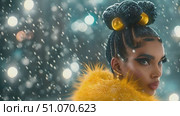 A young woman in a bright yellow fur coat walks through a winter night with snow falling around her. Стоковое AI-видео, аниматор Данила Большаков / Фотобанк Лори