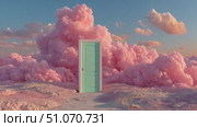 Explore a surreal landscape with a pastel door in a dreamlike cloud setting at sunset. Стоковое AI-видео, аниматор Ekaterina Ismagilova / Фотобанк Лори