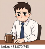 Exhausted Office Worker Battling Workplace Stress with coffee. Стоковое AI-изображение, AI-художник Максимова Марина / Фотобанк Лори
