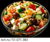 Fresh orzo salad with vegetables and feta. Стоковое AI-изображение, AI-художник Татьяна  Бральнина / Фотобанк Лори