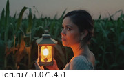 A woman walks through a cornfield at dusk, holding a lantern. Стоковое AI-видео, аниматор Данила Большаков / Фотобанк Лори