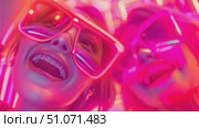 Two women in sunglasses laugh in front of a neon light display. Стоковое AI-видео, аниматор Данила Большаков / Фотобанк Лори