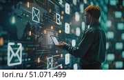 A man uses a tablet while standing in front of a digital screen displaying email icons and a world map. Стоковое AI-видео, аниматор Данила Большаков / Фотобанк Лори