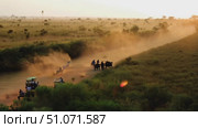 Experience a breathtaking sunset in the savanna as adventure vehicles navigate the dusty trail. Стоковое AI-видео, аниматор Данила Большаков / Фотобанк Лори