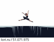 Ballerina leaping over an abyss with grace and elegance in a minimalist composition. Daring leap showcases strength and artistry, evoking feelings of freedom and fearlessness. Стоковое AI-изображение, AI-художник Ольга Березина / Фотобанк Лори