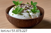 Coconut bowl holding delicious ice cream garnished with mint and chocolate sprinkles. Стоковое AI-изображение, AI-художник Юрий Поздников / Фотобанк Лори