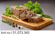 Sliced pate with herbs and spices on cutting board. Стоковое AI-изображение, AI-художник Юрий Поздников / Фотобанк Лори
