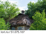 Старый заброшенный дом с соломенной крышей и высокой печной трубой. Волгоградская область, станица Перекопская, Россия. Стоковое фото, фотограф Андрей Цыганков / Фотобанк Лори