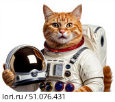 Рыжий кот в космическом скафандре держит шлем. Стоковое AI-изображение, AI-художник Валерий Ячин / Фотобанк Лори