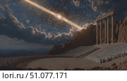 A dramatic scene of a celestial event with a bright beam of light striking a mountain temple. The sky is filled with stars and clouds, creating a mystical atmosphere. Стоковое AI-видео, аниматор Ekaterina Ismagilova / Фотобанк Лори