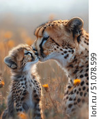 Cheetah mother and cub sharing a tender moment. Стоковое AI-изображение, AI-художник Татьяна  Бральнина / Фотобанк Лори