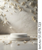 Two-Tiered White Stone Podium With Scattered Petals. Generative AI. Стоковое AI-изображение, AI-художник Roman Zavorotny / Фотобанк Лори