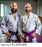 Two Bearded Jim-Jots Practitioners in White Kimonos. Generative AI. Стоковое AI-изображение, AI-художник Roman Zavorotny / Фотобанк Лори