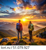 Two Travelers Enjoying a Mountaintop Sunset. Generative AI. Стоковое AI-изображение, AI-художник Roman Zavorotny / Фотобанк Лори