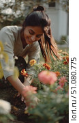 Gardening with love in a sunny backyard surrounded by blooming flowers. Стоковое AI-видео, аниматор Сергей Толмачёв / Фотобанк Лори