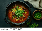 A hearty oxtail noodle soup is simmering in a dark Dutch oven. Rich broth, tender beef, and noodles create a comforting culinary masterpiece, perfect for nourishing warmth and traditional flavors. Стоковое AI-изображение, AI-художник Nart / Фотобанк Лори