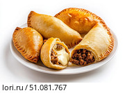 A minimalist display of assorted empanadas showcases various fillings on a sleek white plate. This bright composition highlights culinary diversity with a focus on artistic food presentation. Стоковое AI-изображение, AI-художник Nart / Фотобанк Лори