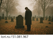 A grieving Caucasian man stands alone at a cemetery, looking down at a gravestone. The scene is filled with fallen leaves and fog, evoking a sense of loss and solitude. Стоковое AI-изображение, AI-художник Nart / Фотобанк Лори