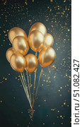A cluster of shiny gold balloons floats against a dark blue background, surrounded by sparkling confetti. Ideal for celebrations and festive occasions. Стоковое AI-видео, аниматор Nart / Фотобанк Лори