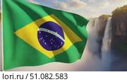 Brazilian flag waving in front of a scenic waterfall. The vibrant green and yellow colors symbolize Brazil's independence and national pride. Стоковое AI-видео, аниматор Nart / Фотобанк Лори