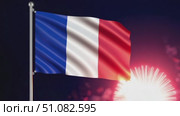 French flag waving against a dark sky with colorful fireworks in the background. Celebratory atmosphere for Bastille Day. Стоковое AI-видео, аниматор Nart / Фотобанк Лори