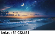 A serene beach scene at twilight with gentle waves lapping at the shore. The sky is filled with stars and a crescent moon, creating a tranquil atmosphere. Стоковое AI-видео, аниматор Nart / Фотобанк Лори