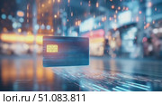 A credit card floats above a reflective surface in a vibrant cityscape at night. Blurred lights create a dynamic background, emphasizing digital transactions. Стоковое AI-видео, аниматор Nart / Фотобанк Лори