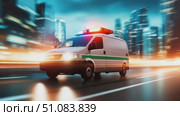 An emergency ambulance with flashing lights speeds through a city at night. The background features blurred skyscrapers and bright city lights. Стоковое AI-видео, аниматор Nart / Фотобанк Лори