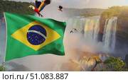 Brazilian flag waving in front of Iguazu Falls. Colorful birds fly nearby, symbolizing the beauty of Brazil during Independence Day celebrations. Стоковое AI-видео, аниматор Nart / Фотобанк Лори