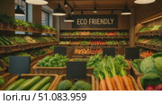 A vibrant grocery store interior showcasing a variety of fresh vegetables and fruits. Baskets filled with cucumbers, carrots, lettuce, and apples. Eco-friendly signage visible. Стоковое AI-видео, аниматор Nart / Фотобанк Лори
