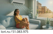 A young Hispanic woman with long dark hair sits on a light blue couch in a sunlit room. She looks relaxed, with a view of a city street outside. Стоковое AI-видео, аниматор Nart / Фотобанк Лори