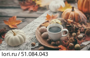 A cozy autumn scene with a white pumpkin, a cup of coffee, and assorted nuts on a wooden table. Colorful leaves surround the arrangement, creating a warm atmosphere. Стоковое AI-видео, аниматор Nart / Фотобанк Лори