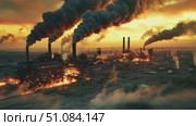 Industrial landscape with smoke stacks emitting dark smoke against a sunset sky. Flames visible near the base of the structures, creating a dramatic scene. Стоковое AI-видео, аниматор Nart / Фотобанк Лори